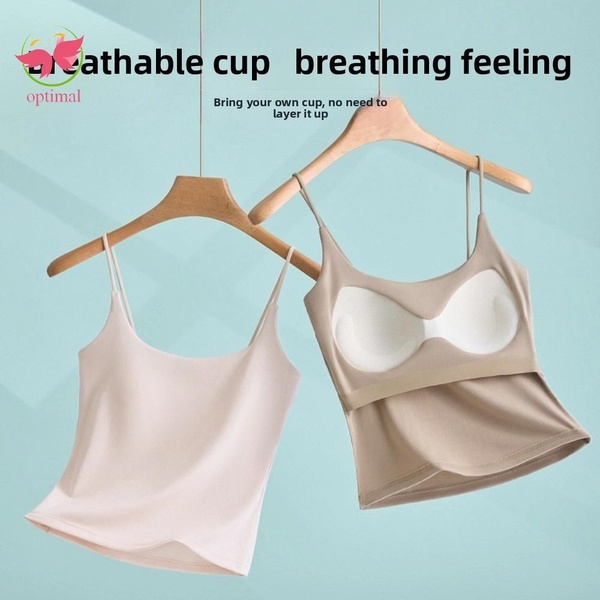A clean, high-contrast creative showcasing the interior construction of a built-in bra tank top using a professional hanging product display.